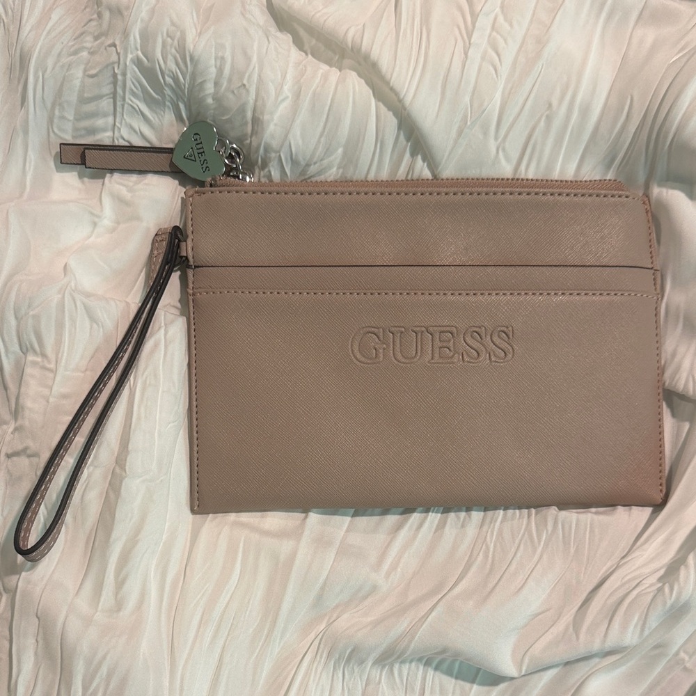 GUESS Neutral Taupe Embossed Wristlet Clutch